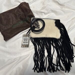 Trinity Ranch Fringe Cowhide Clutch with Black Leather Accents